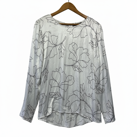 White long sleeve top with black floral line art print size 14 front view