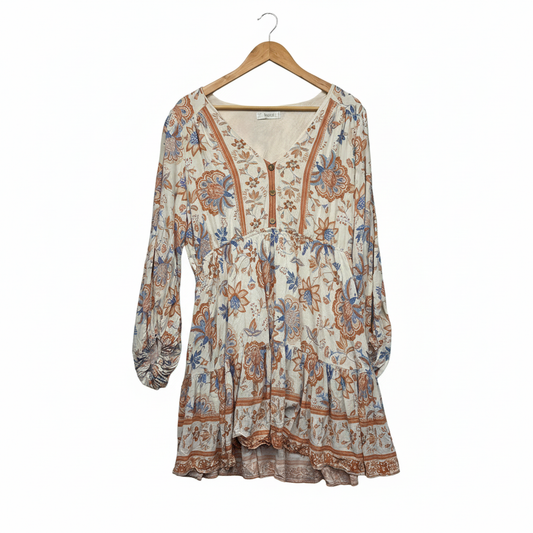 You + All Cream Multicoloured Paisley Floral Print Long Sleeve Dress Size 18