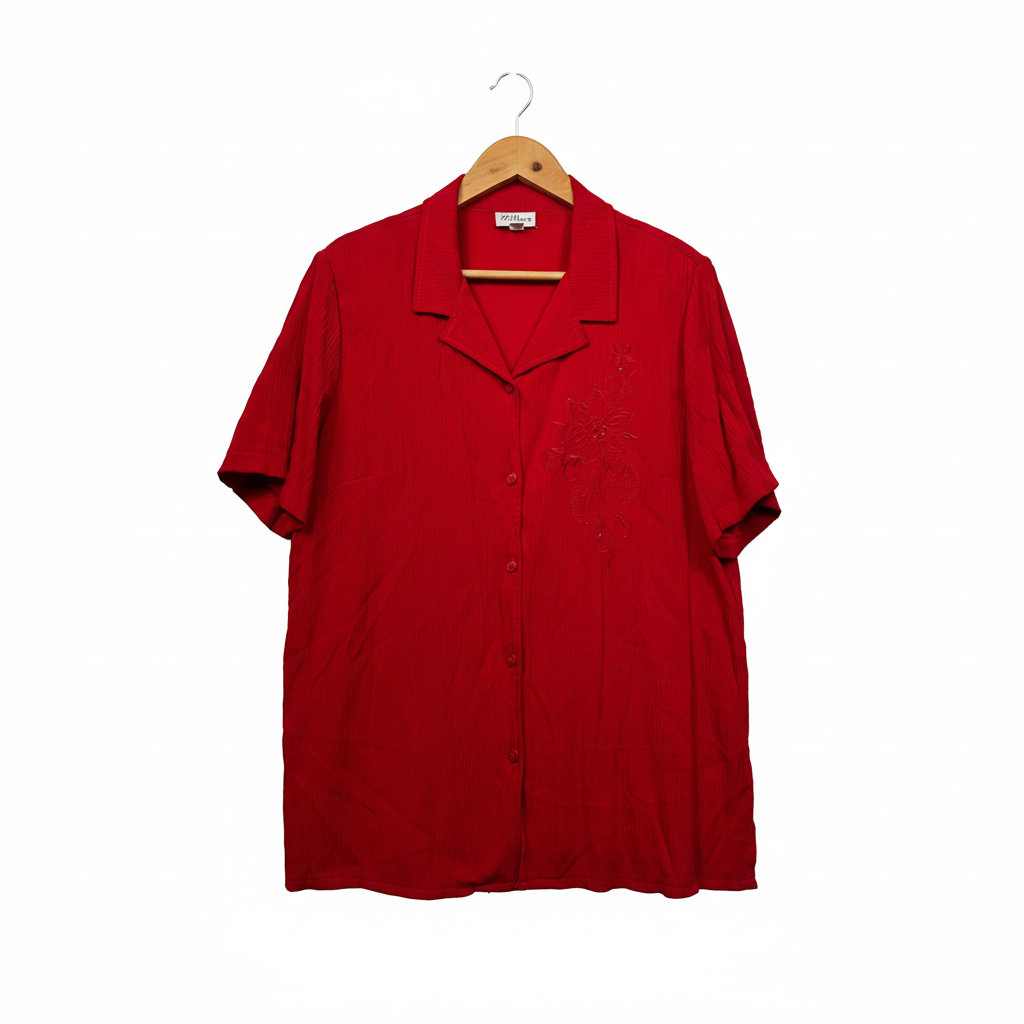 Millers red short sleeve button-up shirt with embroidered floral detail size 16