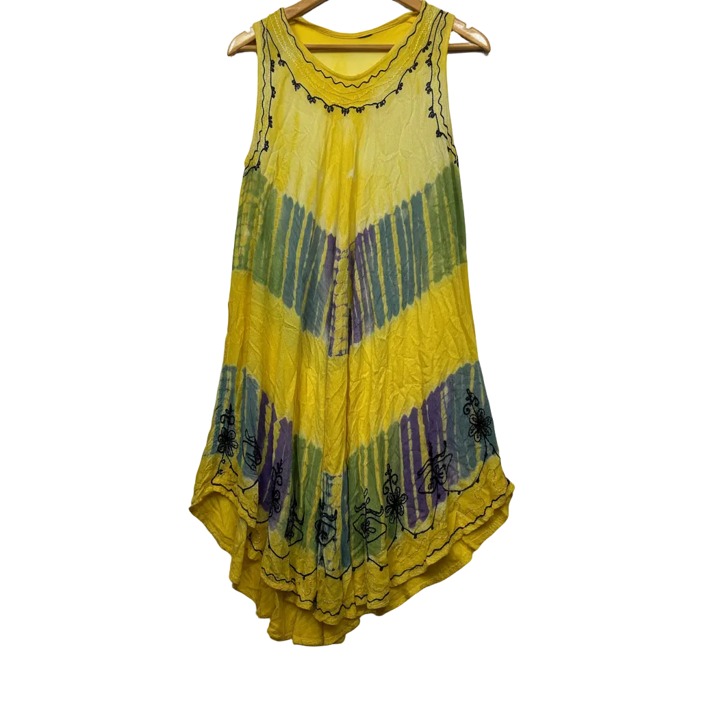 Yellow Tie-Dye Sleeveless Dress with Embroidered Detail - One Size