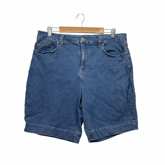Anka Curve navy blue denim shorts size 18 front view