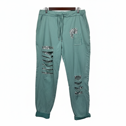 Bottega Moda Sage Green Sequin Distressed Jogger Pants Size 14