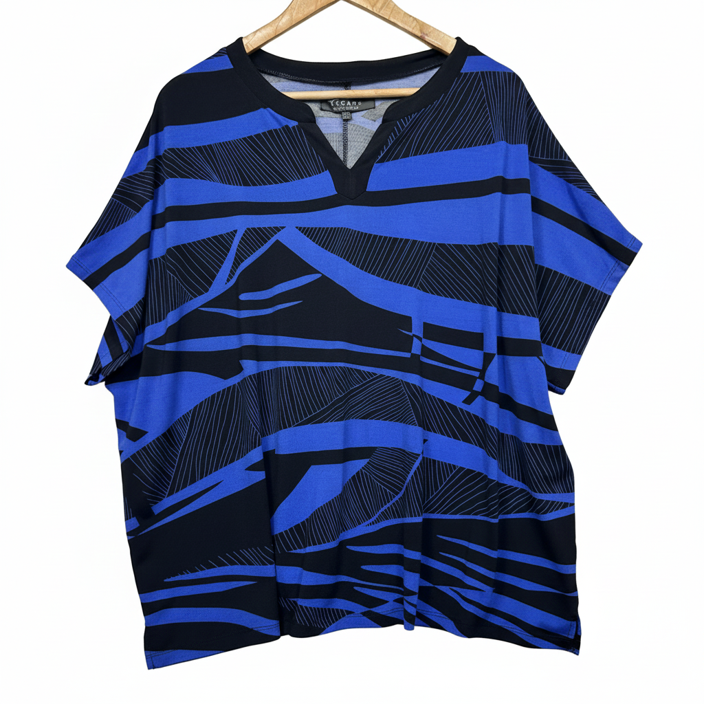 Escape by Liz Jordan Blue and Black Abstract Print Short Sleeve Top - Size L
