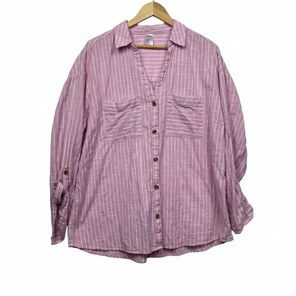 Anko Pink Striped Cotton Button-Up Roll Tab Sleeve Shirt  - Size 18