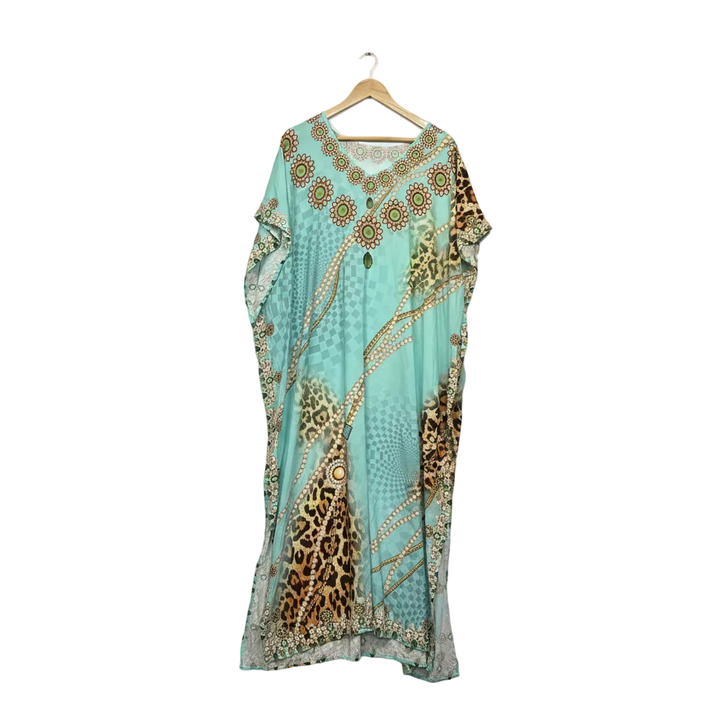 Turquoise Kaftan Dress with Leopard Print - One Size