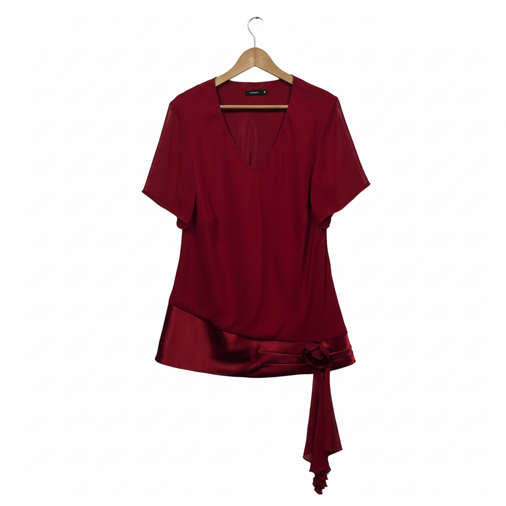 Eve Hunter Burgundy Satin Trim Top with Rosette Detail - Size 16