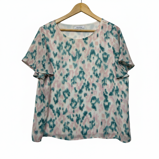 Preview pink teal abstract print top size 18