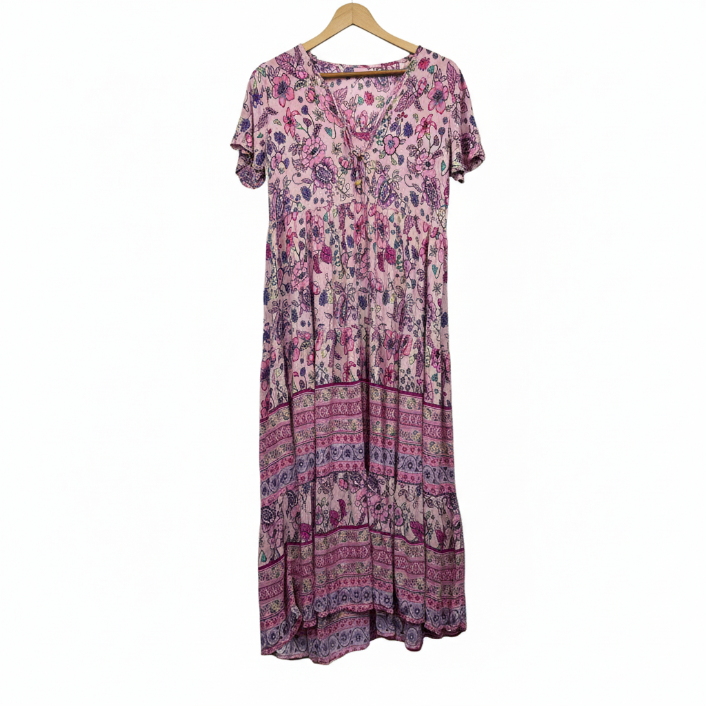 Boho 100% Rayon Pink Floral Tiered Maxi Dress - Size 14?