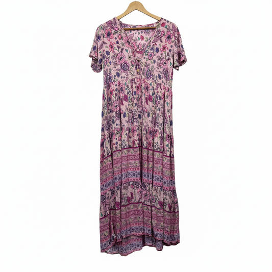 Boho 100% Rayon Pink Floral Tiered Maxi Dress - Size 14?