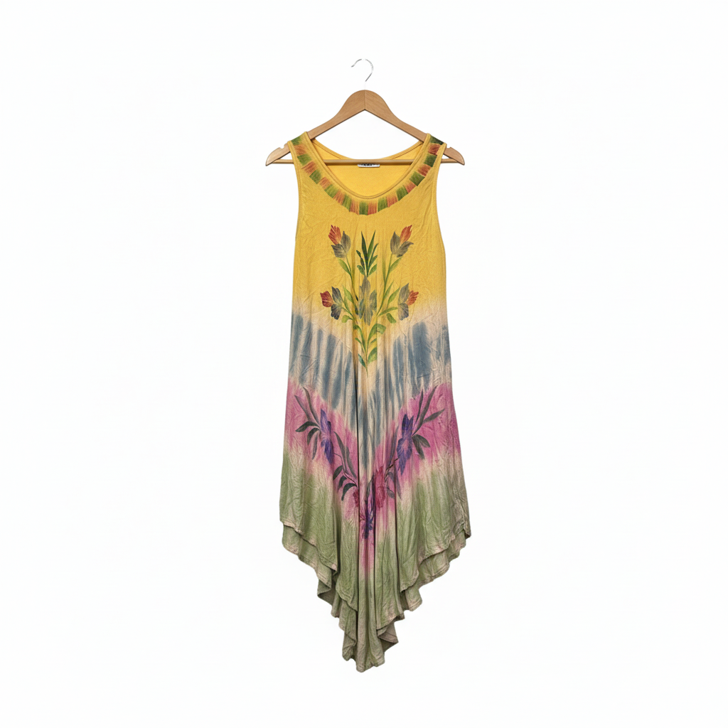 Tie-Dye Maxi Dress with Hand-Painted Botanical Details - One Size
