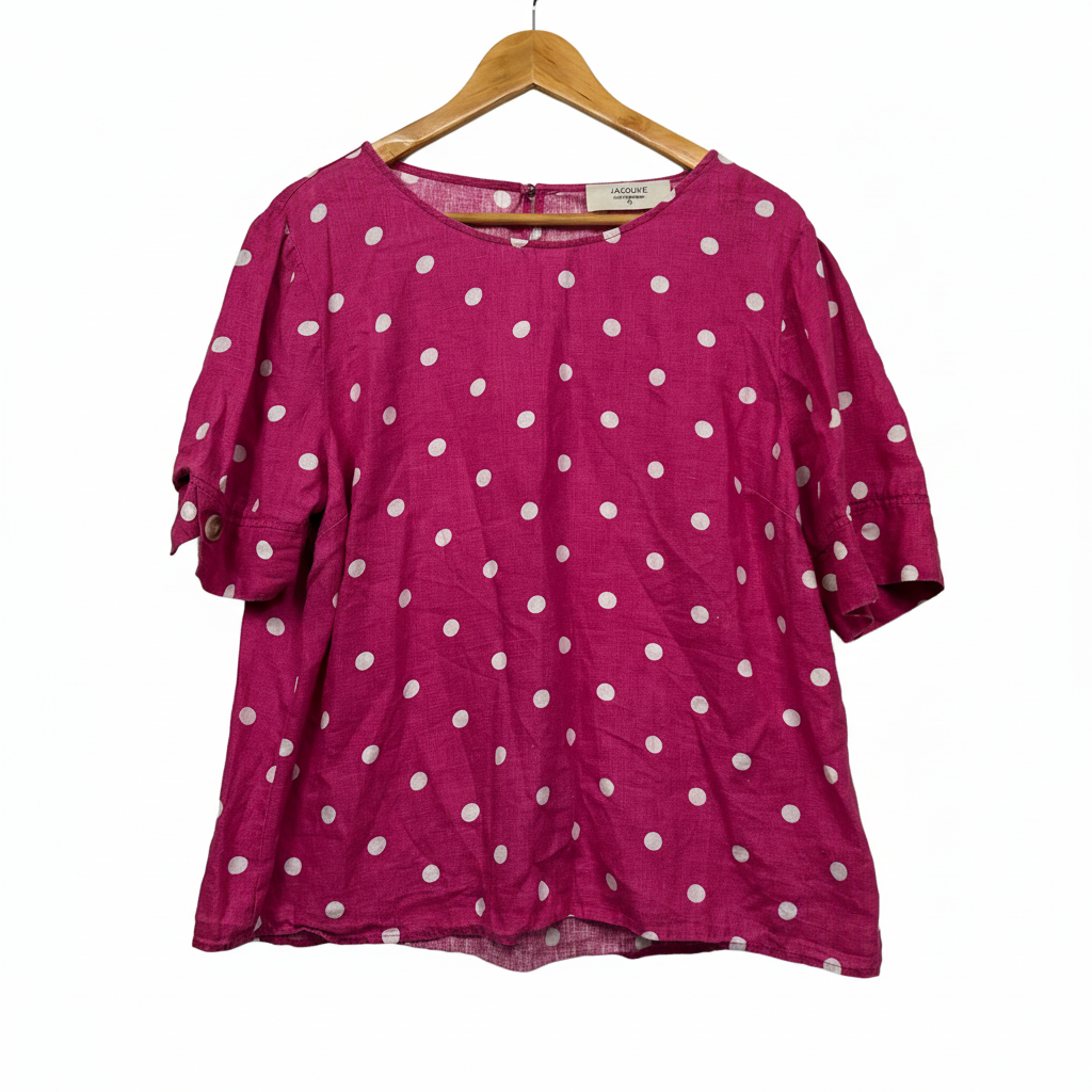 Jacqui E Pink Magenta Polka Dot Linen Top - Size 18
