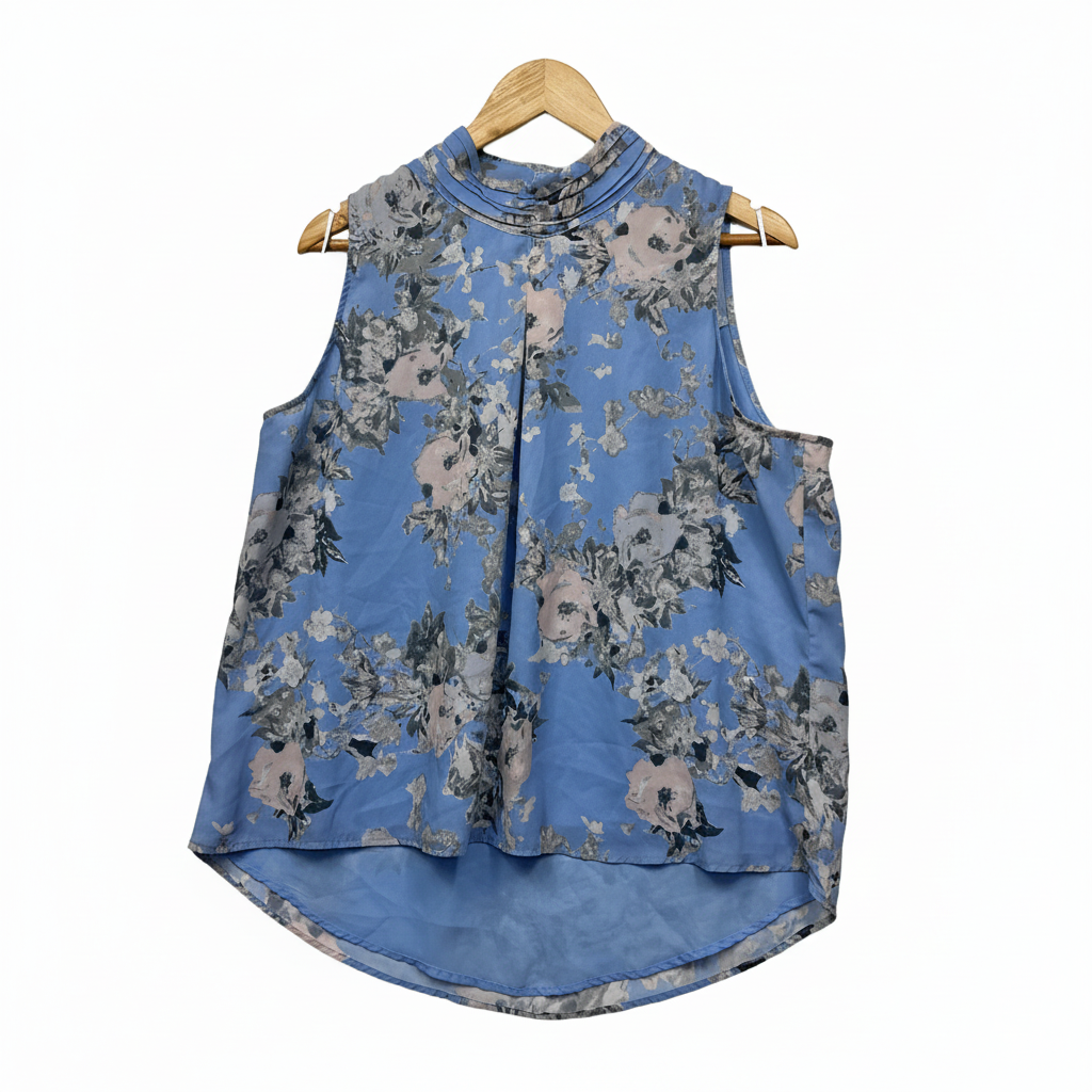 Blue floral high neck sleeveless top front view
