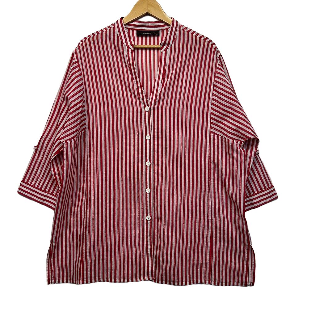 Maggie T Red Cotton Striped Shirt - Size 16
