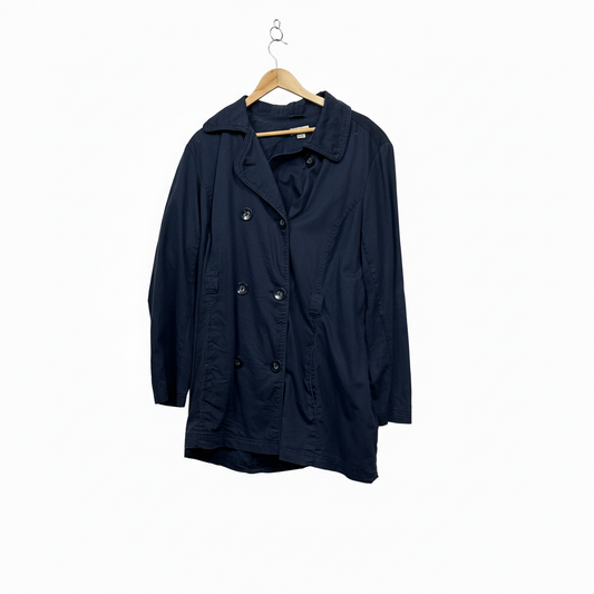 Navy trench coat with white background