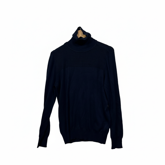 Navy turtleneck sweater with white background