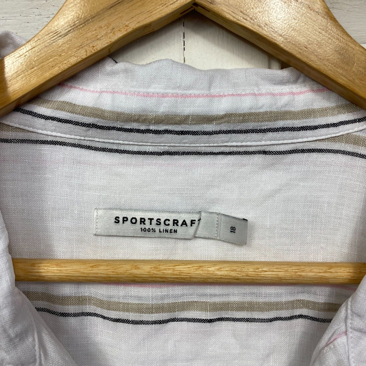 Sportscraft Linen Shirt Top 18 Plus White Striped Long Sleeve Button Up Collared Preloved