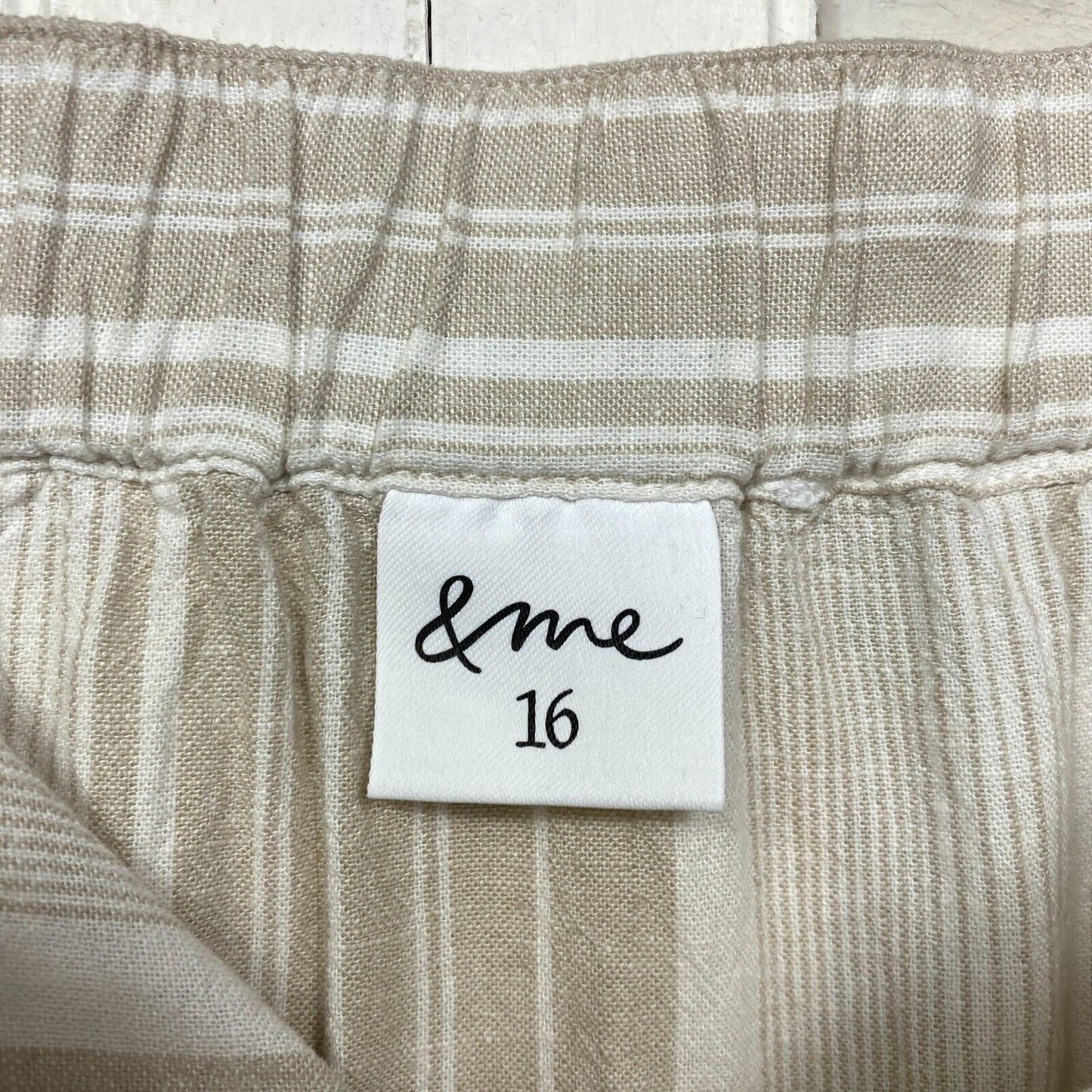 & Me Skirt Size 16 Plus Linen Blend Beige White Striped Pockets Midi Preloved