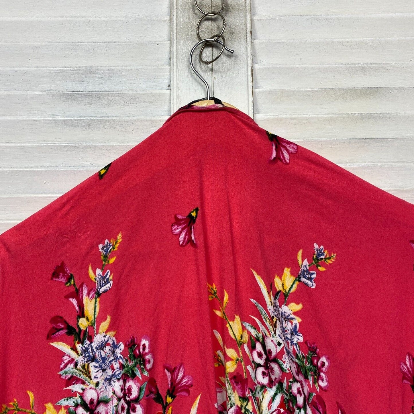 Emerge Duster Jacket Top Size Large Red Floral Short Sleeve Kimono Viscose