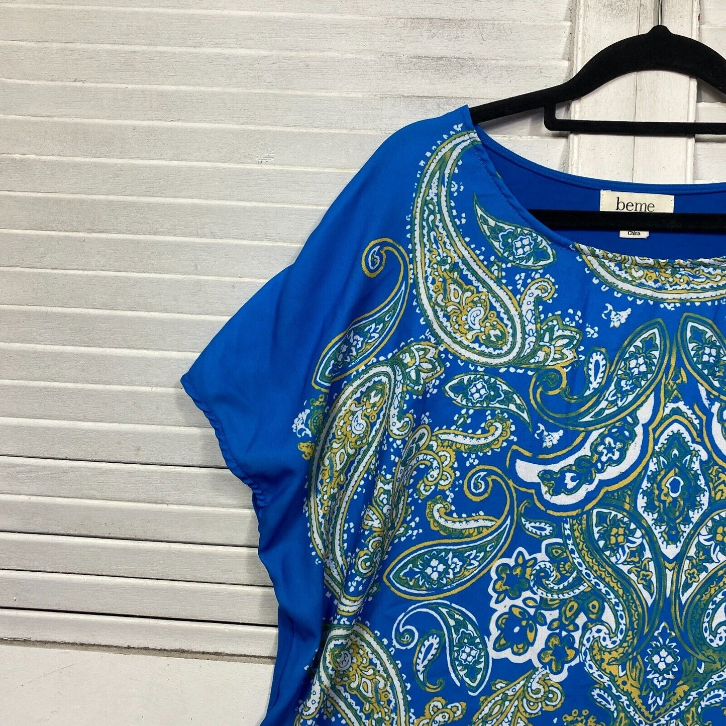 beme Top Size 16 Plus Size Short Sleeve Blue Paisley Print