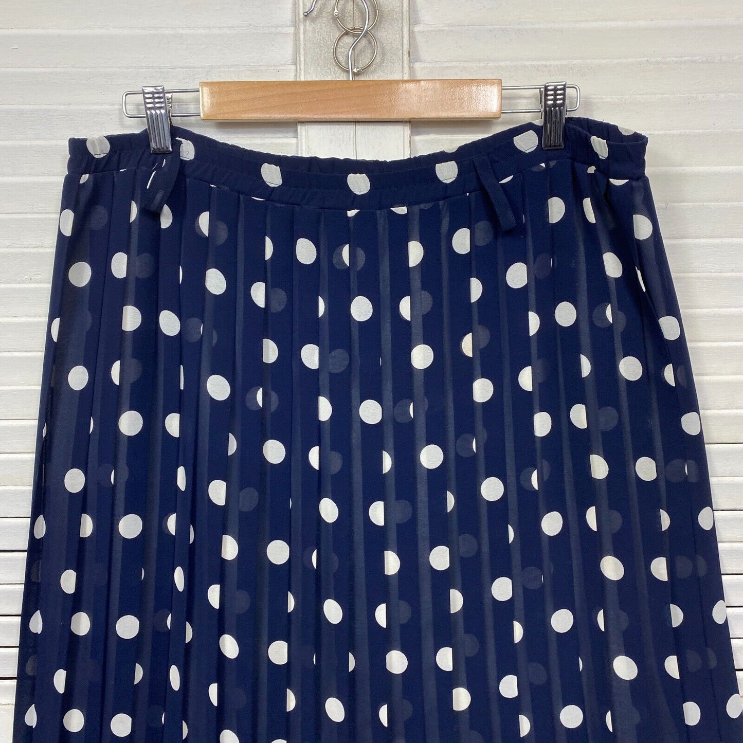 Vintage Skirt Size 14 Navy White Polka Dots Pleated Lined Elastic Waist