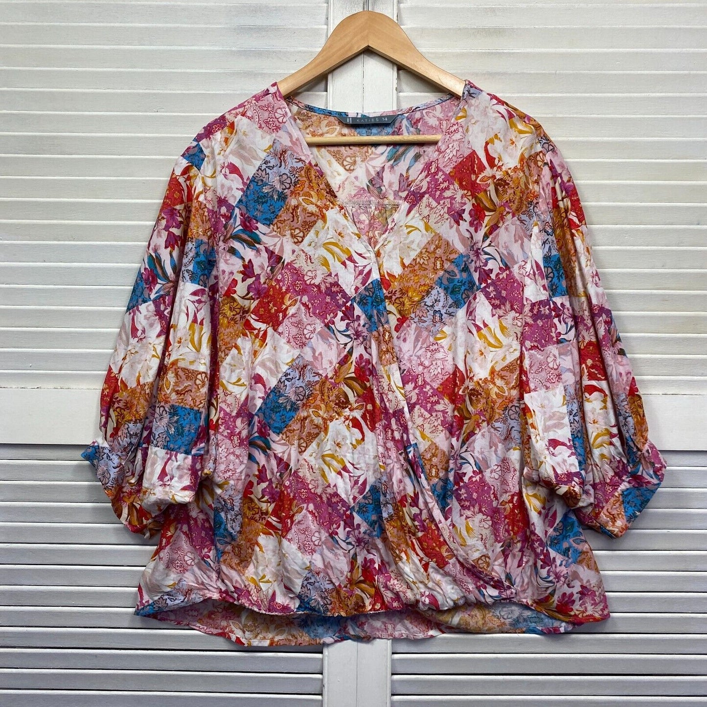 Katies Top Size 14 Multicoloured Long Sleeve V Neck Draped Blouse Preloved