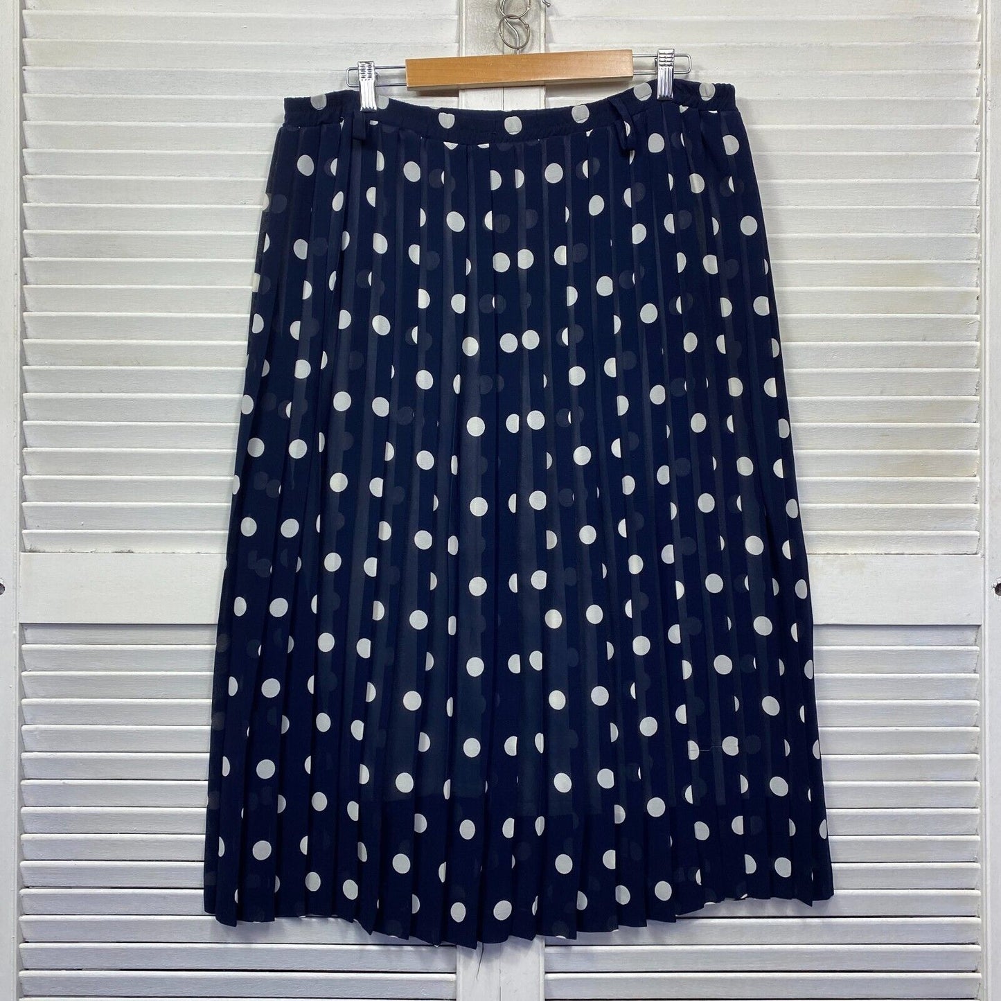 Vintage Skirt Size 14 Navy White Polka Dots Pleated Lined Elastic Waist