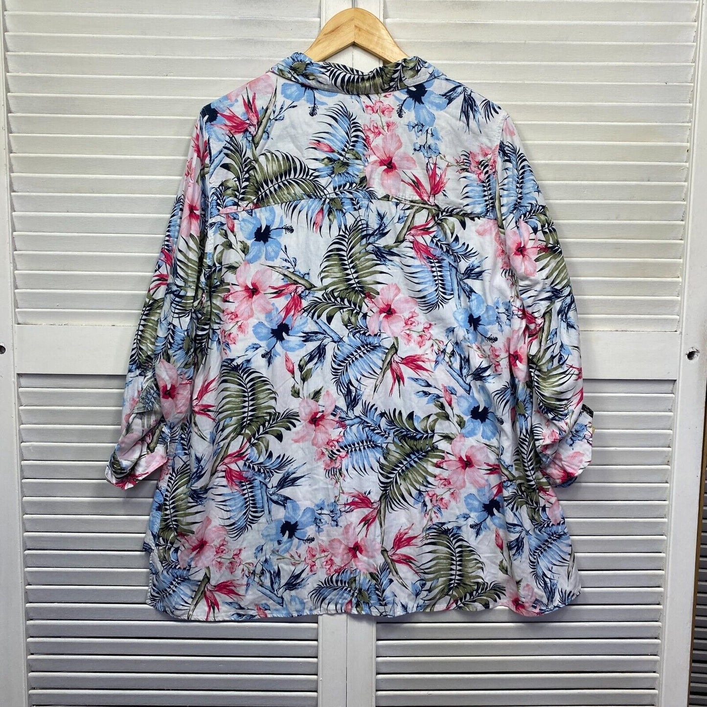 Autograph Top Shirt 16 Plus Linen Blend Long Sleeve Roll Tab Sleeve Floral