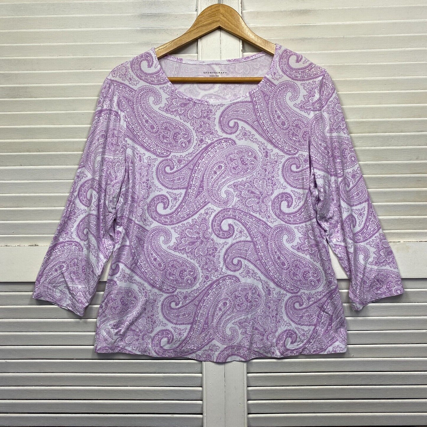 Sportscraft Magic Tee Top Size Large Purple Paisley Print Viscose Short Sleeve