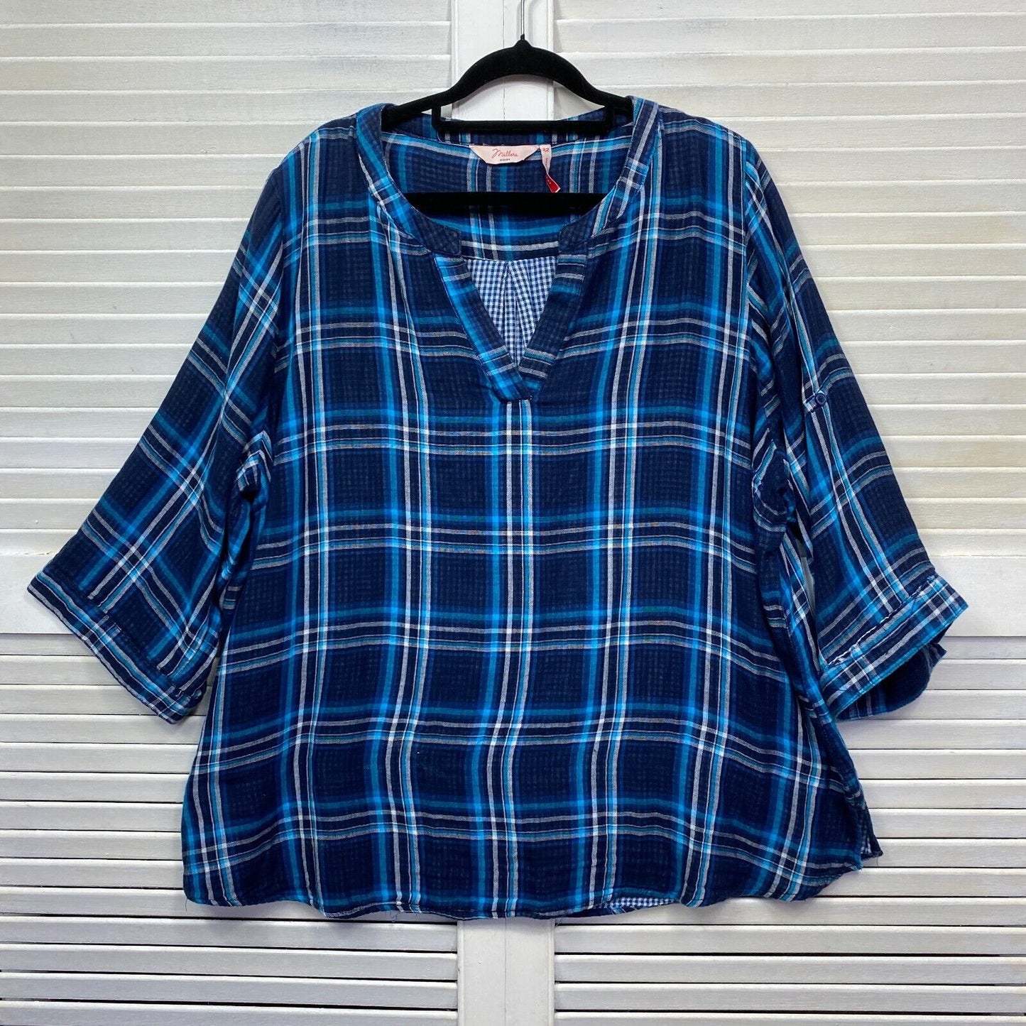 Millers Top Size 22 Plus Blue Check 3/4 Sleeve 100% Cotton