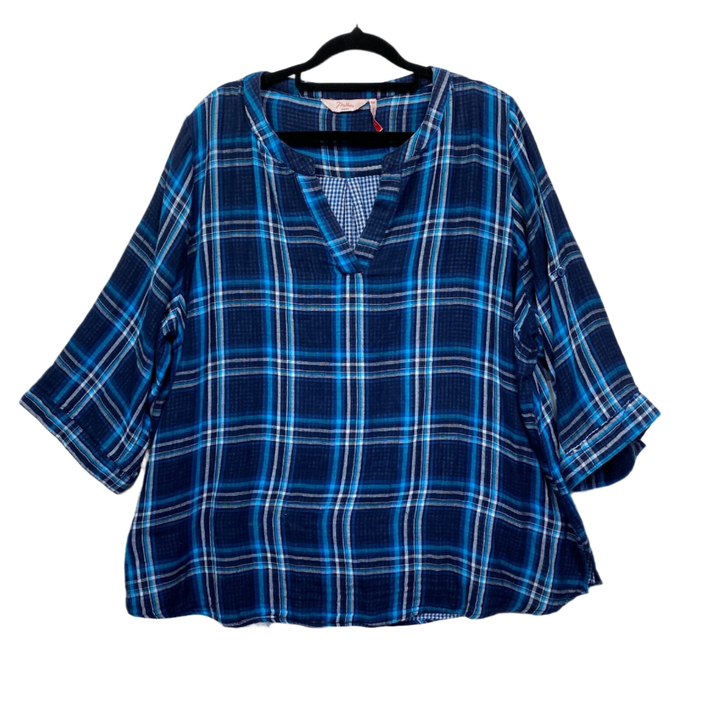 Millers Top Size 22 Plus Blue Check 3/4 Sleeve 100% Cotton