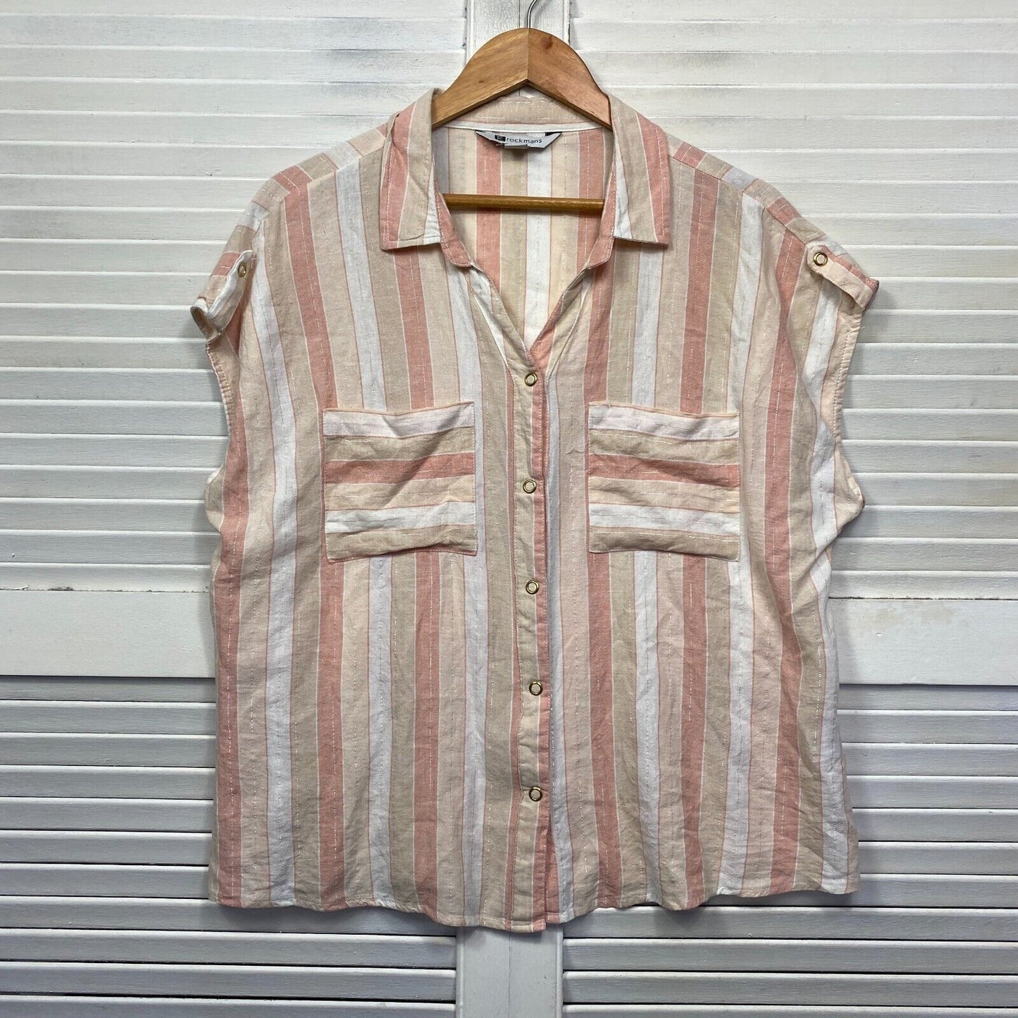 Rockmans Top Size 16 Short Sleeve Linen Blend Striped Multicoloured Button Up