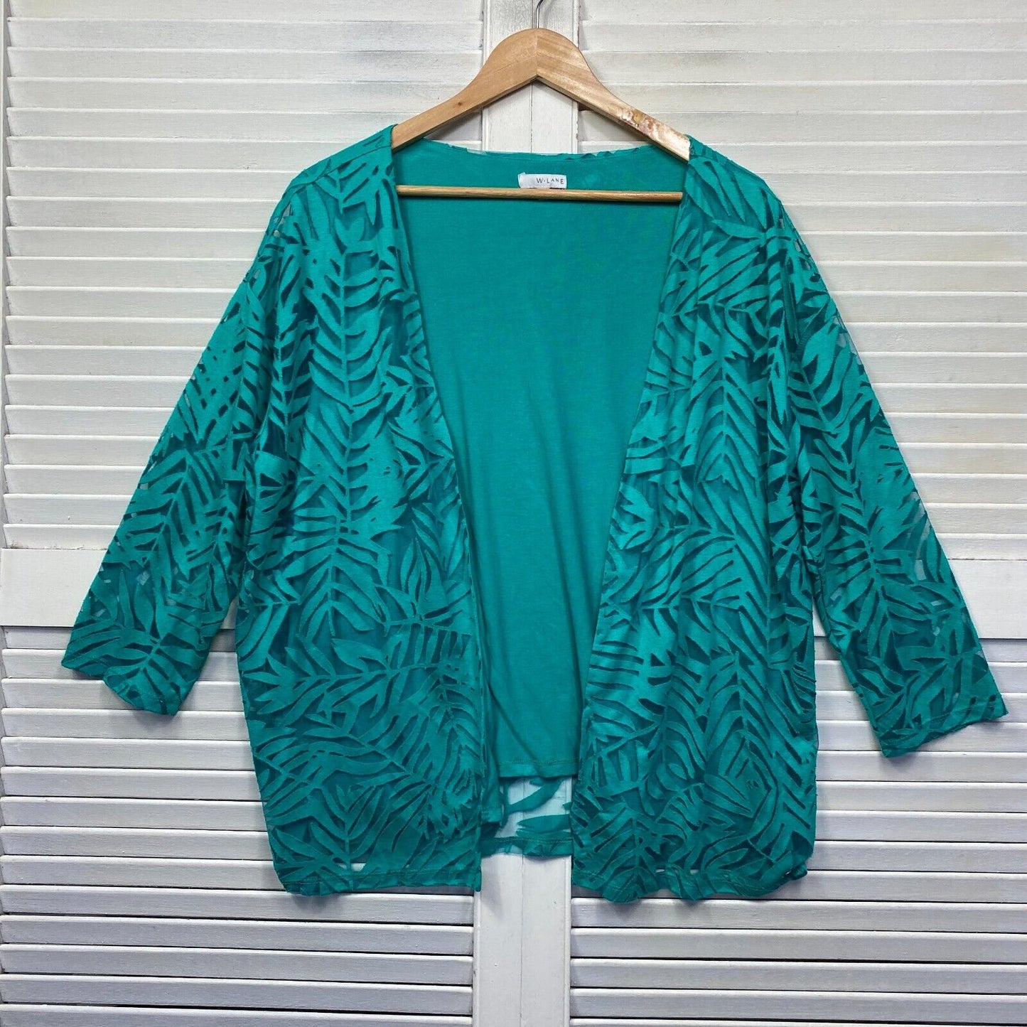 W Lane Top Jacket Size Large Green Open Long Sleeve Sheer Overlay Lined