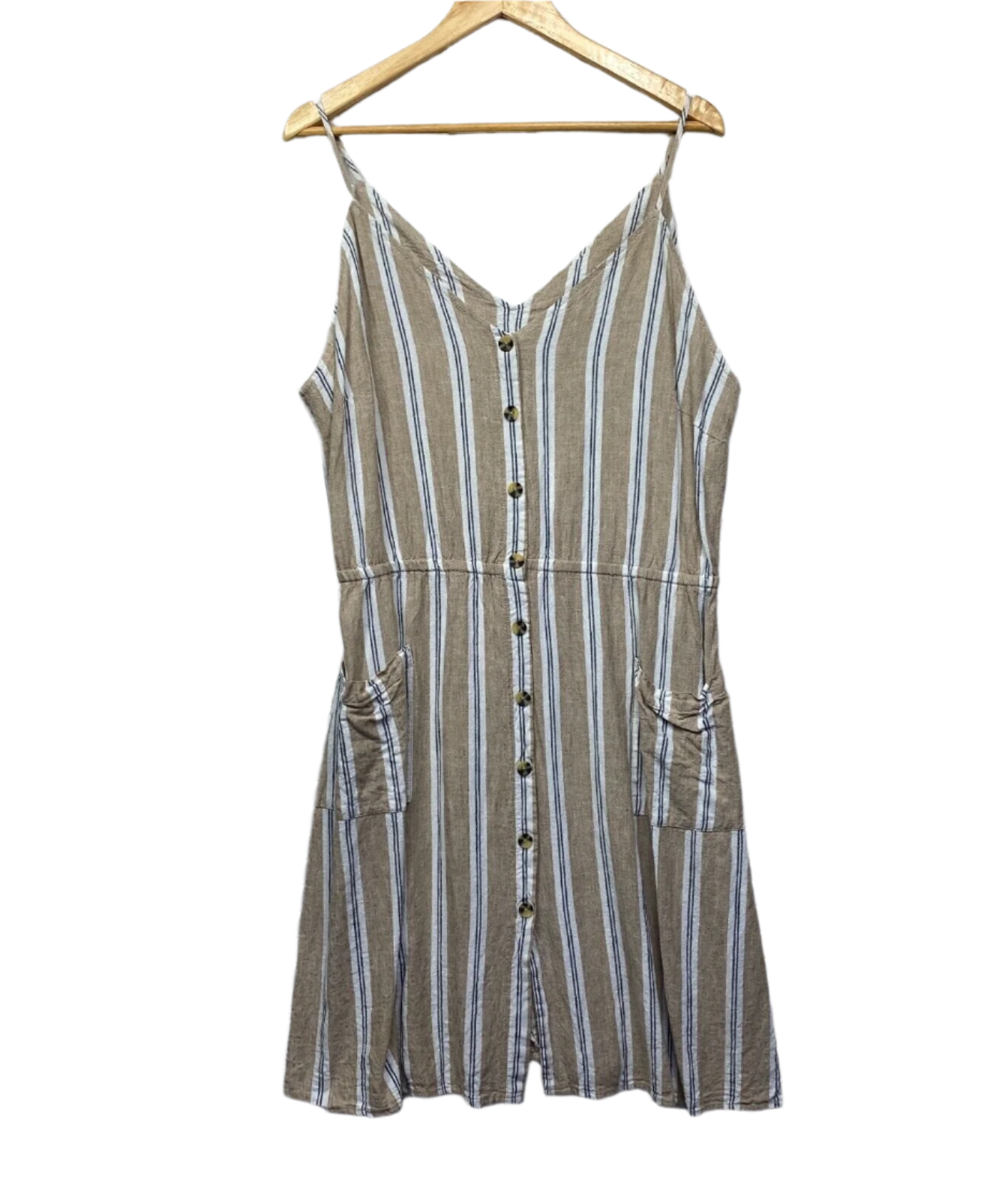 & me Dress Size 16 Striped Beige Button Up Sleeveless Linen Blend Pockets