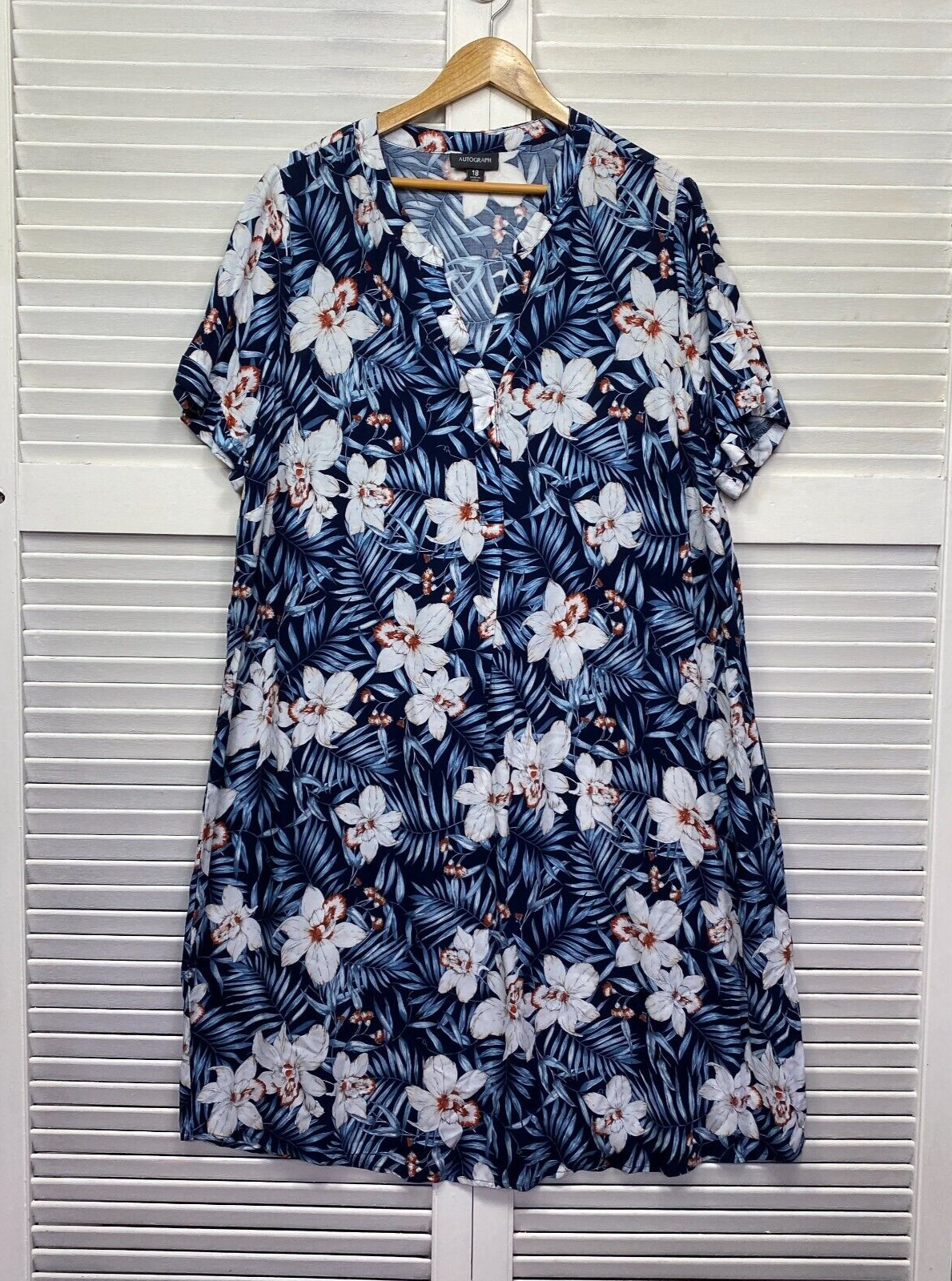 Autograph Maxi Dress Size 18 Plus Blue Floral Shift Short Sleeve Cotton