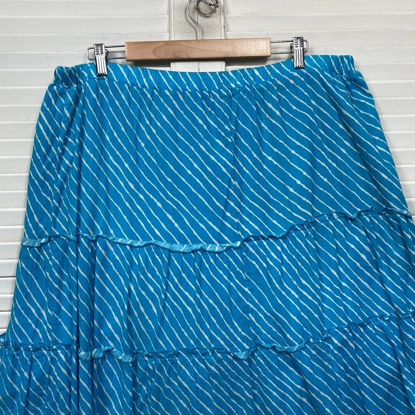 Noni B Skirt Size XL Blue Tiered Striped Elastic Waist Midi Length Cotton