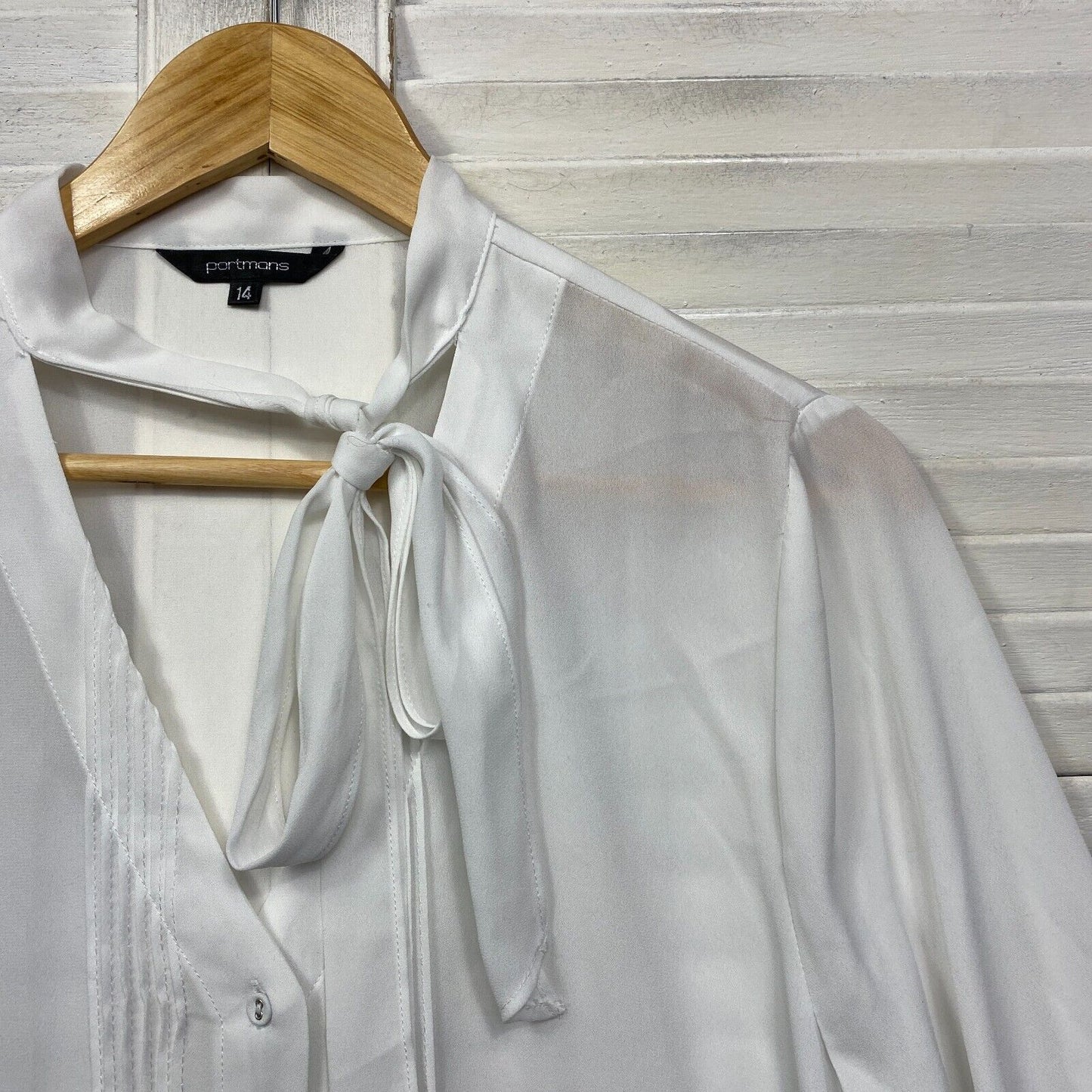 Portmans Top Size 14 White Long Sleeve Blouse Neck Tie Button Up Sheer