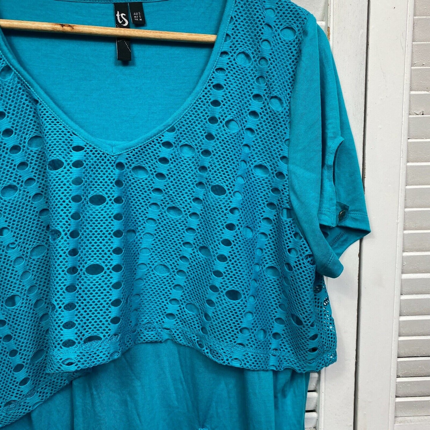 Taking Shape Top Size 16 Plus Blue Teal Short Sleeve V Neck Layered Tunic