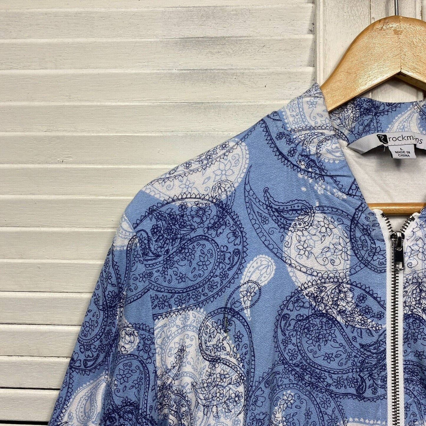 Rockmans Jumper Jacket Large Blue Paisley Print Full Zip Up Pockets