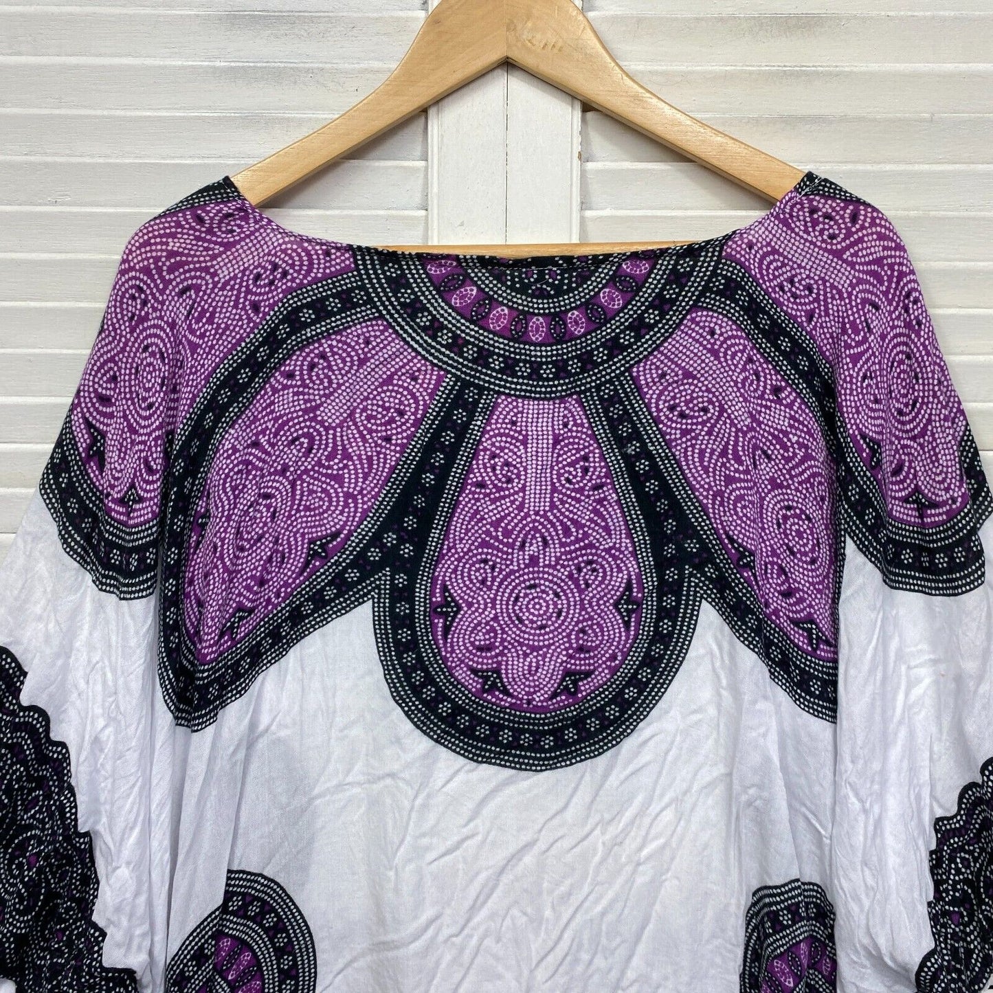 Mayyada Bazaar Kaftan Top One Size  14 16 White Purple Boho Hippie Swim Cover Up Preloved