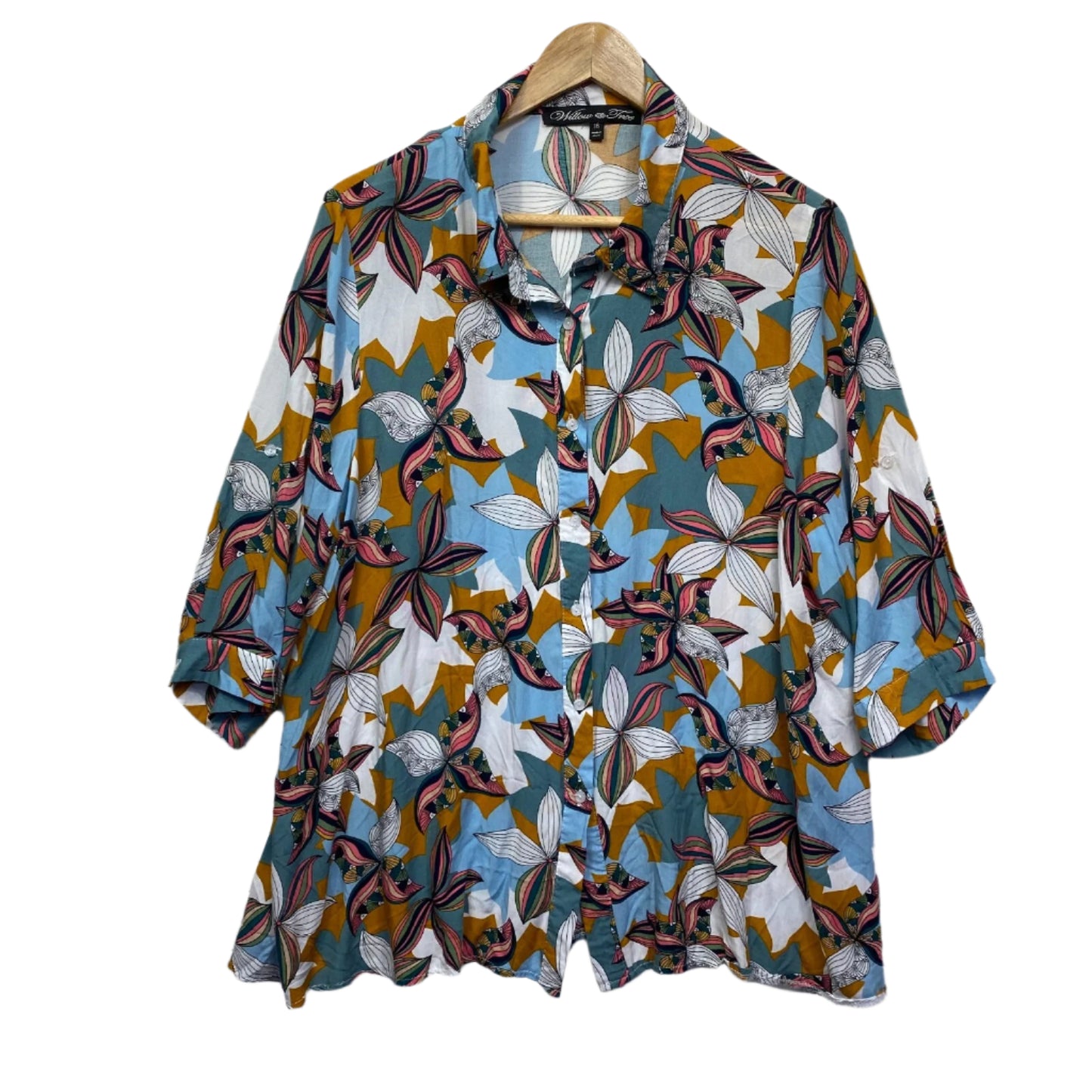 Willow Tree Top Size 16 Plus Multicoloured Floral Button Up 3/4 Sleeve Rayon