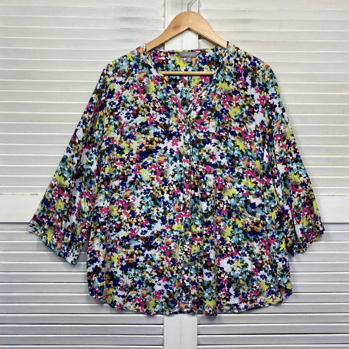 Suzanne Grae Top Size 18 Plus Multicoloured Floral Button Up Long Sleeve Viscose