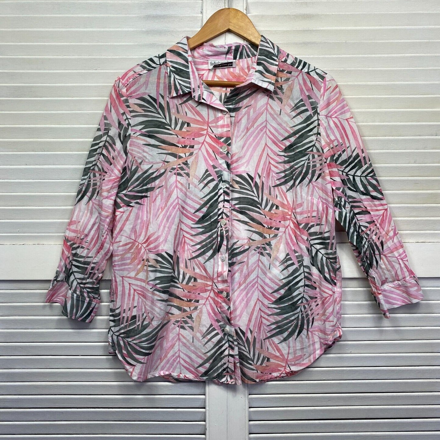 Fella Hamilton Top Size 14 Floral Leaf Button Up Cotton Pink Black Made in Australia Preloved