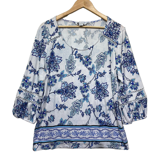 Rockmans Top Size XL Blue White Floral Long Sleeve Viscose Preloved