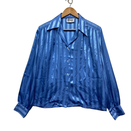 Vintage Shirt Top Size 16 Blue Button Up Long Sleeve Shiny Striped Lady Pelaco