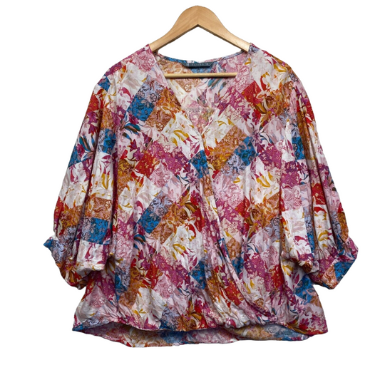 Katies Top Size 14 Multicoloured Long Sleeve V Neck Draped Blouse Preloved