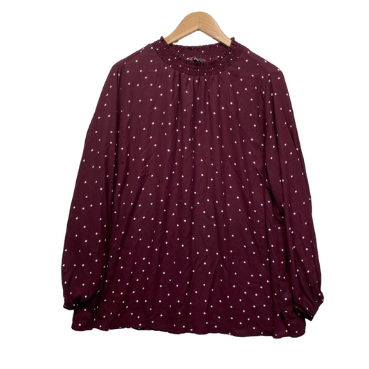 Belle Curve Top Size 22 Plus Maroon White Polka Dots Long Sleeve High Neck Preloved