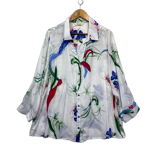 beme Top Shirt Size 18 Plus White Floral Button Up Long Sleeve Collared