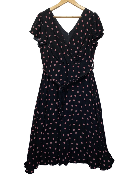 City Chic Dress Size 14 16 Plus Black Pink Polka Dots Belted Preloved