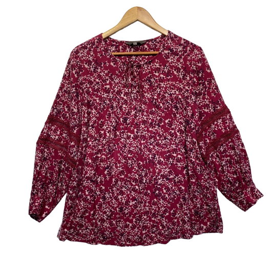 Belle Curve Top Size 16 Plus Red Maroon Floral Long Sleeve Preloved