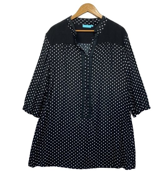 Blue Illusion Top Size 16 18 XL Plus Black White Polka Dots Long Sleeve Longline